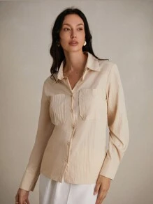 SHEIN Privé 紋理工作服長袖女士通勤襯衫 - 杏色 - 查看 3