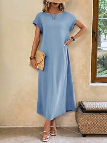 EMERY ROSE Women's Solid Color Round Neck Batwing Sleeve Casual Summer Dress - Baby Blue - View 3