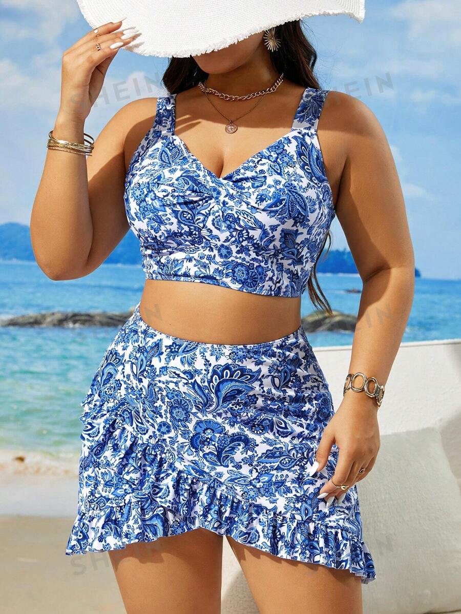 Swim Lushoire Tankini de verano de talla grande para mujer con estampado aleatorio y sencillo para uso diario