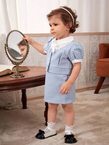 Conjunto de vestido elegante para niñas bebé con bloques de color y empalme de cuadros - Azul - Ver 6