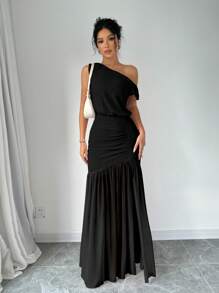 Elenzga 女士優雅性感純色對稱領高開叉傾斜肩網紗連衣裙，夏季 - 黑色 - 查看 1