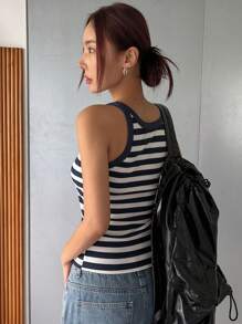 DAZY 女性夏季休閒條紋圓領無袖背心 - 藏蓝色 - 查看 3