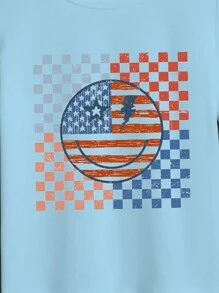 Young Boys' Round Neck Grid Printed Short Sleeve T-Shirt For Summer - Blue - View 6