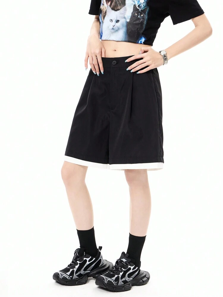 Black Street Style Colorblock A-Line Shorts, Women's Blazer Material