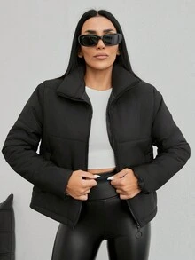 SHEIN PETITE Petite Women's Zip Up Puffer Coat - Black - View 5