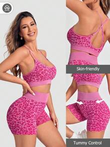 Easithlete Allover Print Crisscross Backless Sports Set - Hot Pink - View 3