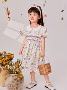 SHEIN Young Girls' Puff Sleeves Floral Print Dress With Detailing, Suitable For  And Elegant Occasions