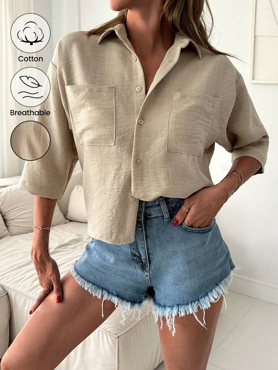 Cottnline Drop Shoulder Pocket Patched Button Front Shirt - Apricot - View 1