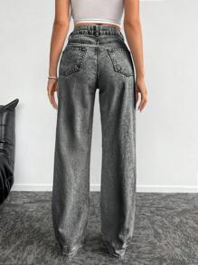 EURMUSE Của phụ nữ Rộng chân Quần jean Với Rhinestone Chi tiết - Xám - Xem 2