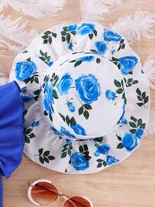 Young Girls' Solid Color Twist Design V-Neck Top With Waist Belt, Flower Printed Shorts And Hat Set - Royal Blue - View 5