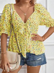 Flirla Chemisier imprimé floral discrèt à col nœud pour l'été en grande taille, tenue décontractée - Jaune citron - Voir 6