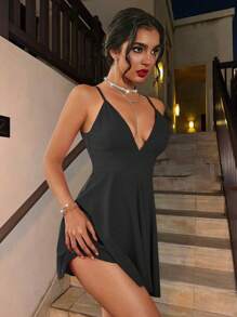 Glamine Solid Color Deep V-Neck Spaghetti Strap Sleeveless A-Line Dress With Open Back, Summer And Sexy Mini Short Women Outfit - Black - View 6