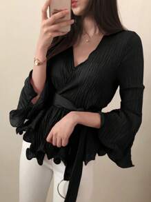 DAZY 女士紋理面料束腰V領優雅襯衫 - 黑色 - 查看 3