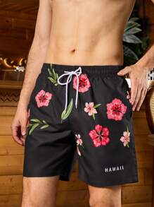 Surfspeed Men's Holiday Casual Beach Shorts With Floral Print - Black - View 1