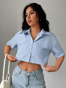 Flirla Casual Vacation Music Festival Striped Short Women Shirt - Blue and White - View 4
