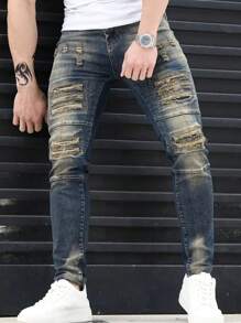 Men's Pocket Skinny Fashionable Ripped Jeans - Medium Wash - View 3