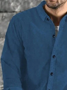 Men's Minimalist Formal Corduroy Long Sleeve Button-Up Shirt, Suitable For All Seasons - Blue - View 3