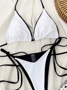 Swim SXY Ladies' Summer Beach Color Block Halter Neck Tie Bikini Set, Double-Sided Fabric - White - View 5