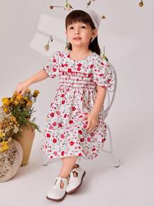 SHEIN Young Girls' Puff Sleeve Dress With Ruffle Collar, Floral Print And Hat - Multicolor - View 4