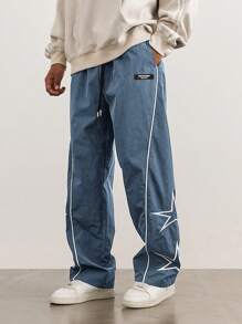 Manfinity Hypemode Loose-Fit Men's Star Printed Pants With Side Stripes - Dusty Blue - View 1
