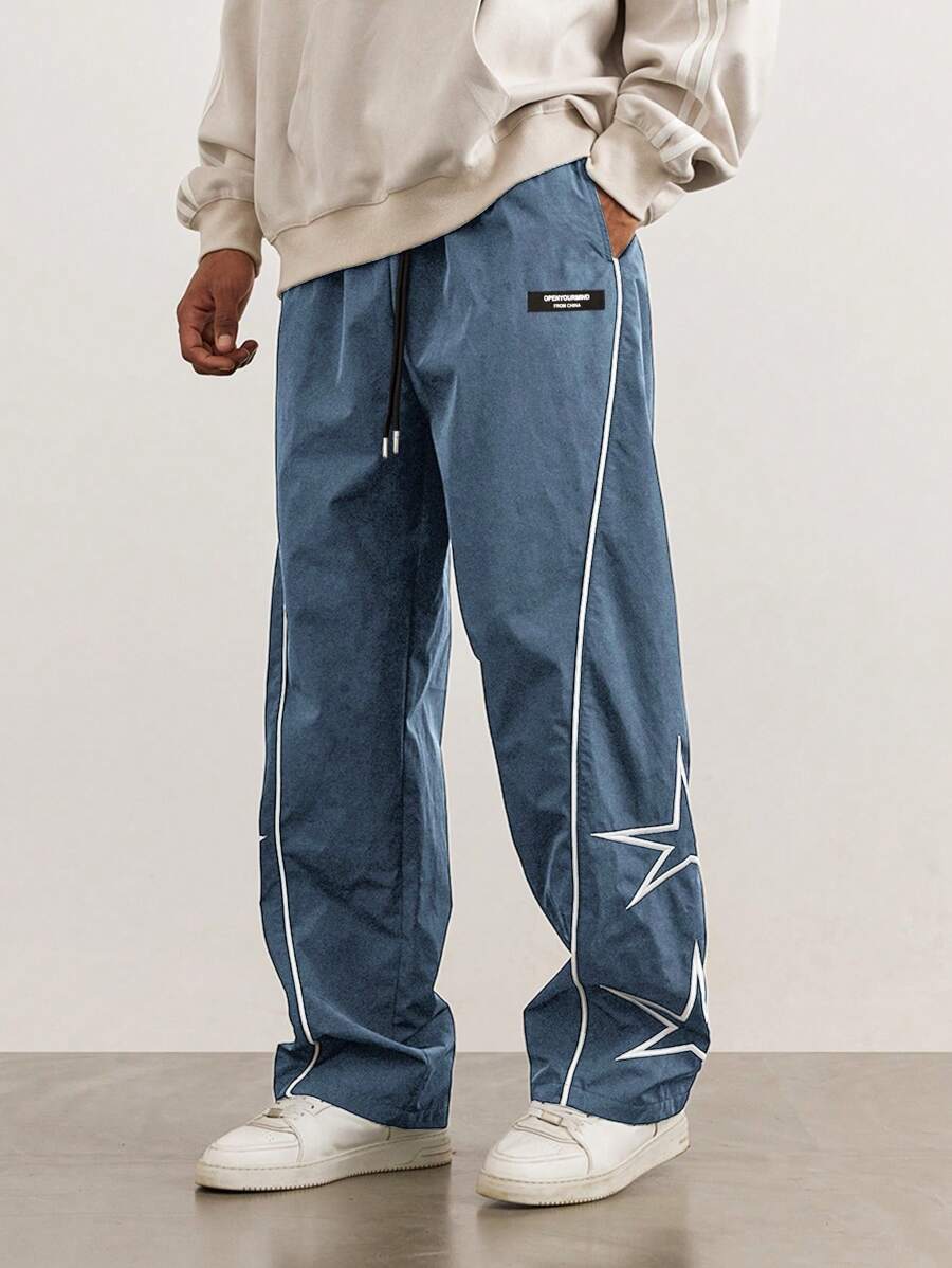 Manfinity Hypemode Loose-Fit Men's Star Printed Pants With Side Stripes - Dusty Blue - View 1