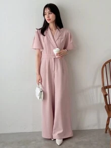 FRIFUL Women Solid Color Lapel Short Sleeve Casual Shirt With Wide Leg Jumpsuit For Summer - Pink - View 11