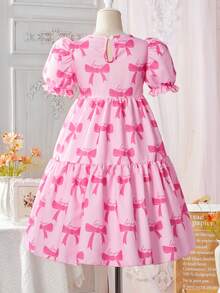 Tween Girl Elegant And Cute Bowknot Puff Sleeve Princess Dress - Pink - View 2