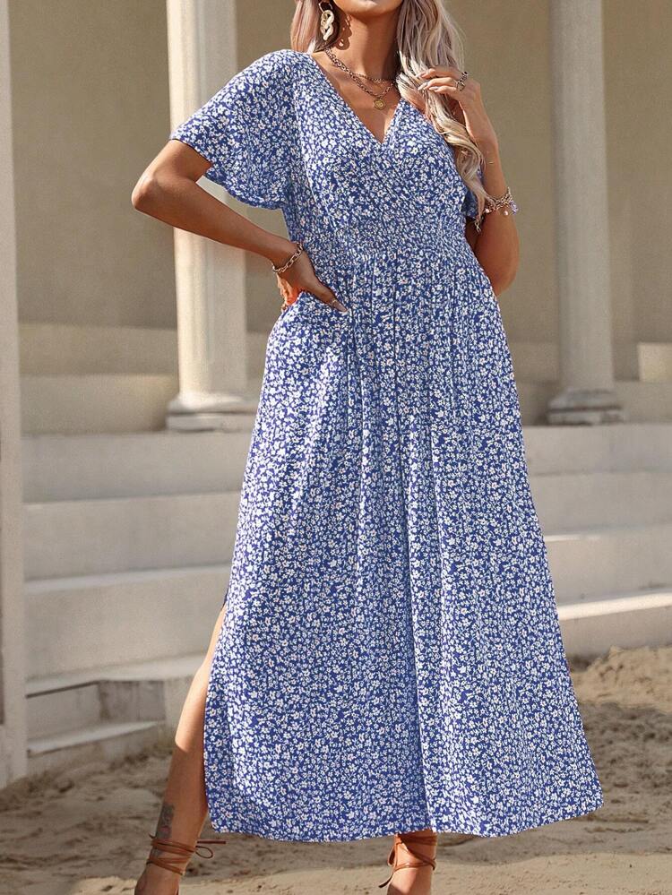 Plus Ditsy Floral Print Butterfly Sleeve Dress Maxi Women Outfit
