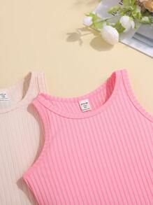 SHEIN 3pcs/Set Knitted Solid Color Round Neck Sleeveless Dress Suit For Tween Girls - Apricot - View 4