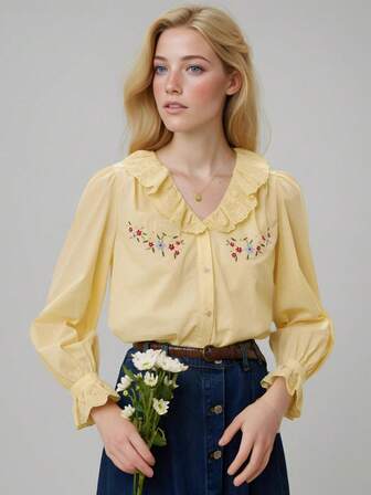 Simple Retro Camisa casual con bordado y volantes para mujer