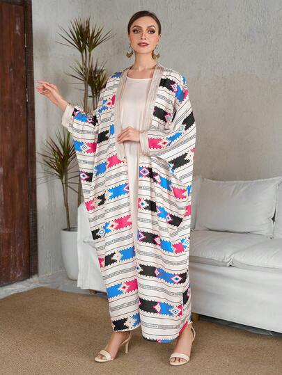 Blue Striped Arab Style Loose Women Abaya Dress With Batwing Sleeve And Printed Pattern