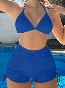 SHEIN Swim 女款夏季海灘純色掛脖比基尼套裝,簡約風格,適合度假休閒 - 寶藍色 - 查看 1