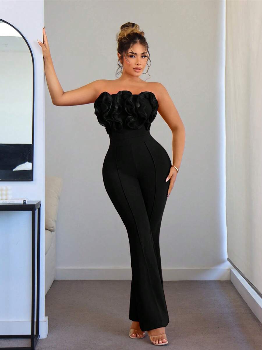 SHEIN SXY Jiri Clothing Summer Women's Pink Jumpsuit With Ruffle, Lace And Pleated Details, Tight-Fitting Bustier For Graduation, Dance Or Date - Black - View 1
