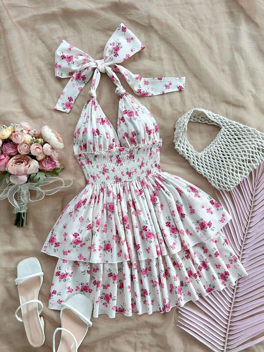 Soleia Women's Summer Ditsy Floral Neck-Hanging Sleeveless Dress With Tie Waist Design And Double Layer Dress For Vacation