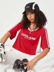SHEIN Coolane Women's Street Style Color Block Cropped T-Shirt, Spring And Summer Essential - Red and White - View 5