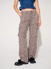 WESTFADE Premium 98% Cotton Denim Stretch Leopard Cargo Jeans - Multicolor - View 6