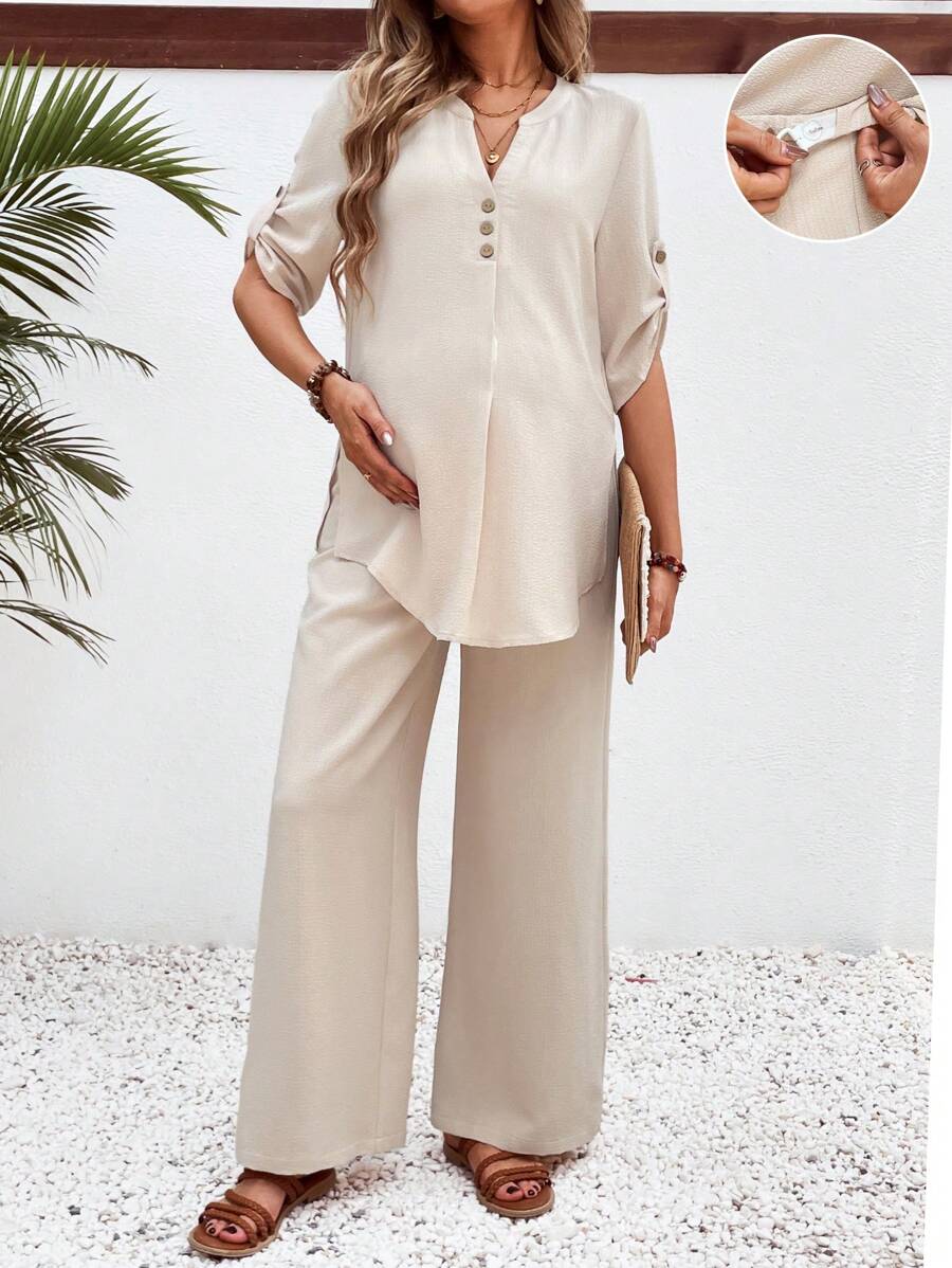 SHEIN Maternity Daily Casual Loose V-Neck Shirt And Pants Set With Rolled Cuff - Khaki - View 1