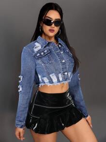 SHEIN Tall Cropped Denim Jacket With Distressed Detailing - Medium Wash - View 3