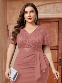 加大 V 领花卉蕾丝荷叶边袖荷叶边饰裹身下摆正式派对紧身连衣裙，半正式婚礼宾客连衣裙，适合生日、毕业典礼、晚宴、返校节、鸡尾酒会 - 藕粉色 - 查看 9