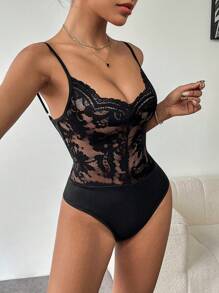 SHEIN Privé 女士時尚純色透明性感蕾絲連體衣 - 黑色 - 查看 6