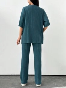 EURMUSE Ladies" Simple Solid Color Short-Sleeve T-Shirt And Long Pants Two-Piece Set - Navy Blue - View 2