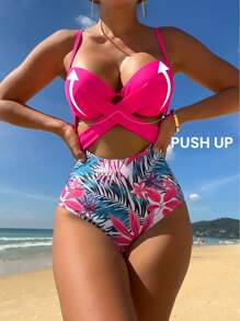 Swim Lushoire Summer Beach Tropical Print Cut Out Twist Push Up One Piece Swimsuit