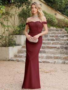 BABYONLINE D.R.E.S.S. Slim-Fit Off-Shoulder Evening Dress With Hip Package - Burgundy - View 4