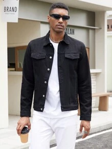 Manfinity Homme Men's Floral Embroidery Single-Breasted Casual Long Sleeve Denim Jacket - Black - View 5