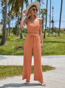 SHEIN VCAY 女士純色簡約日常背心長褲套裝，2件套 - 橘色 - 查看 4