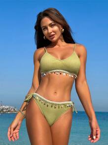 SHEIN Swim Summer Beach Women Woven Band Patchwork Bikini Set With Shell Decoration For Vacation And Beach - Dark Green - View 3