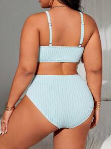 SHEIN Swim Curve 大尺碼夏季海灘閃爍波浪圖案藍色比基尼套裝 - 藍色 - 查看 2