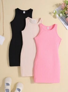 SHEIN 3pcs/Set Knitted Solid Color Round Neck Sleeveless Dress Suit For Tween Girls - Apricot - View 1