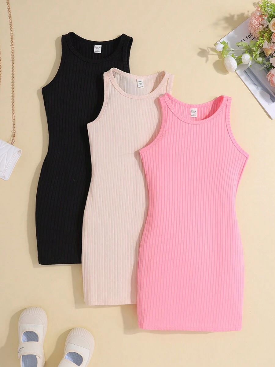 SHEIN 3pcs/Set Knitted Solid Color Round Neck Sleeveless Dress Suit For Tween Girls - Apricot - View 1