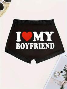 Women Heart & Letter Print Fitted Casual Shorts - Black - View 2